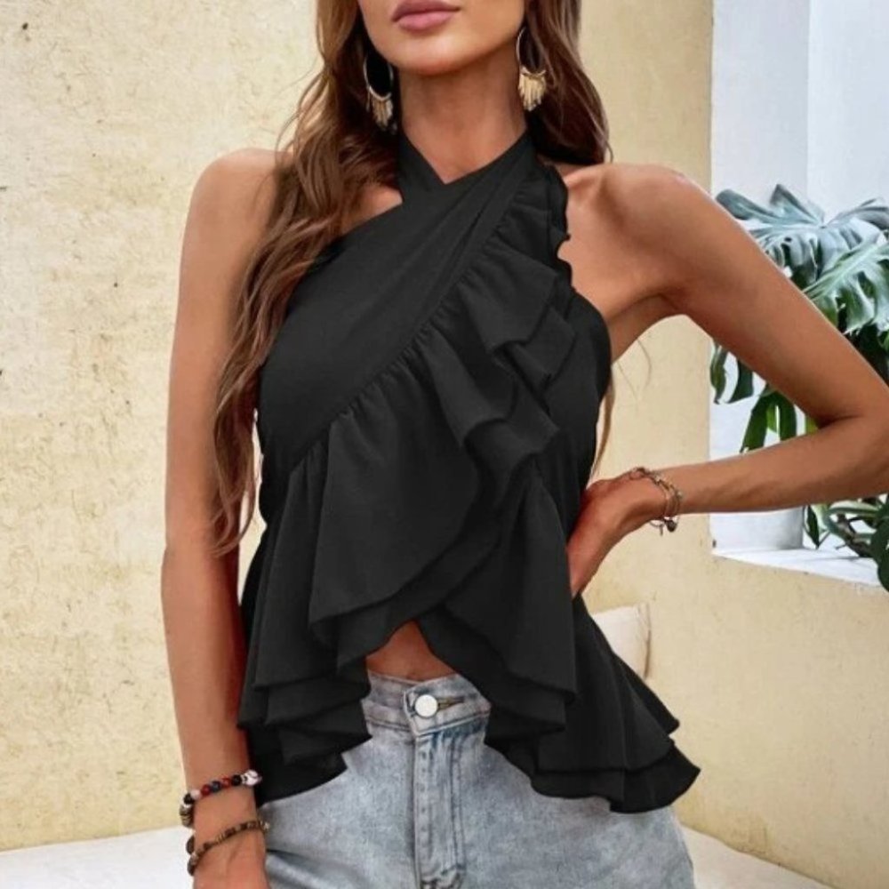 boho Ruffle Hem Halter Shirred Back Blouse Top Black - Picture 5 of 7